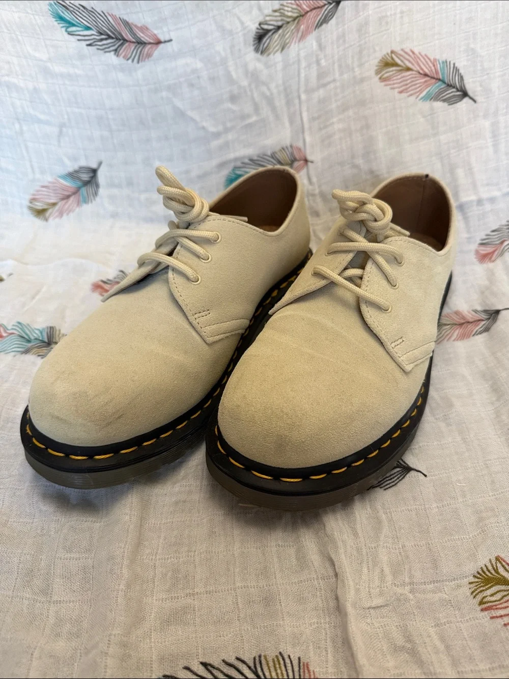Dr. Martens 1461 Cream Suede Derby Shoes with Contrasting Stitch